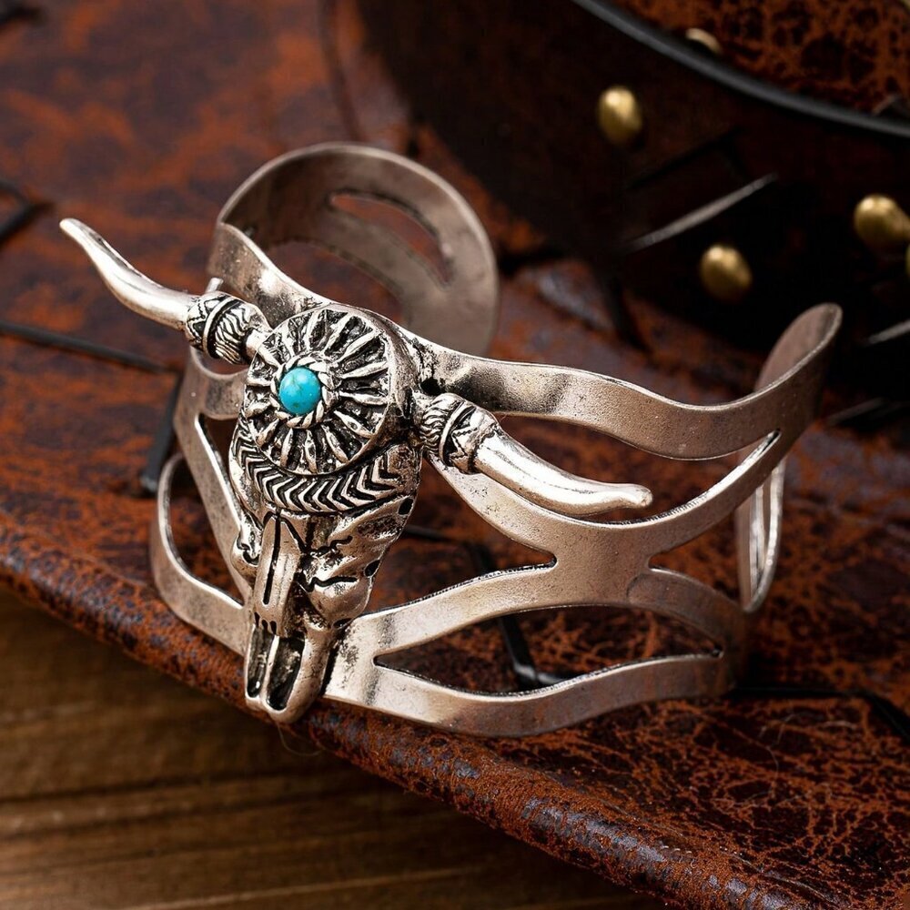 Western Cowboy Women's Style Distressed Turquoise Hollow Wide Metal bracelet